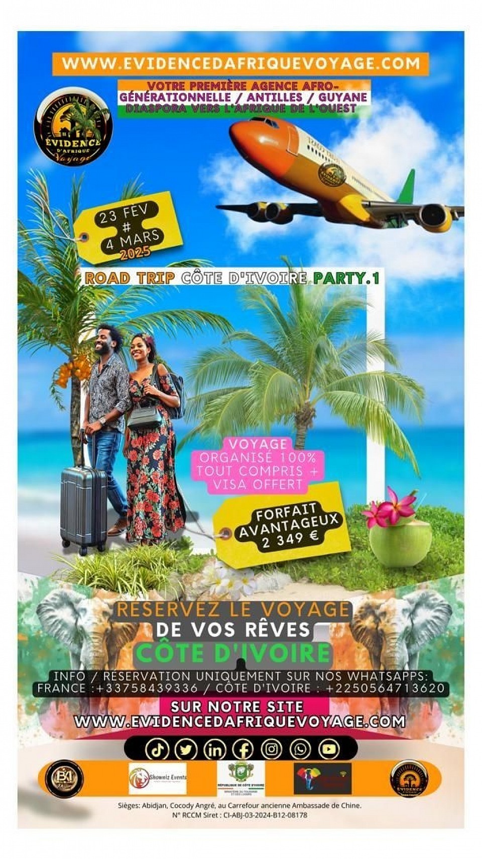 Rendez-vous sur notre site www.evidencedafriquevoyages.com . Première agence touristique 100% tout compris reliant les Atilles, Guyane, la Diaspora vers l'Afrique de l'ouest.